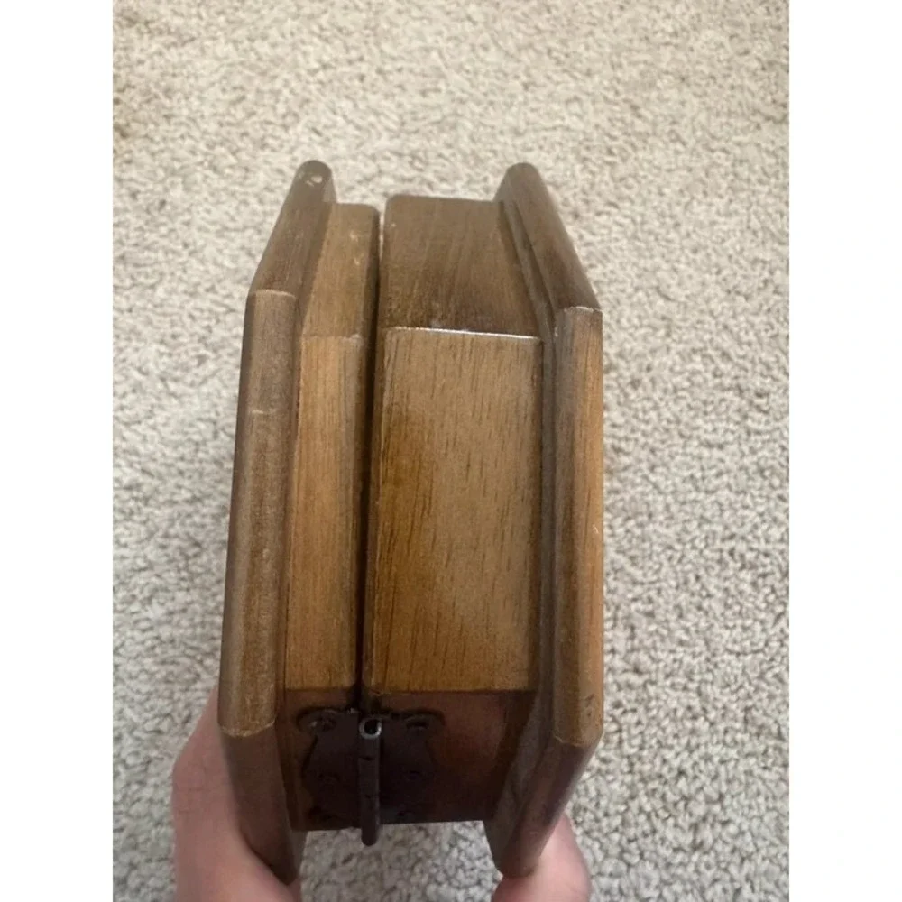 Vintage Octagon Wooden Jewelry Box Tulip Stained Glass Lid Pink Velvet Lining